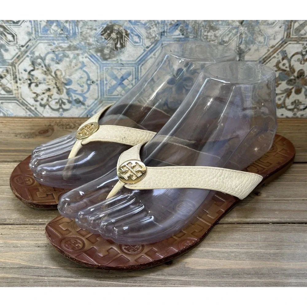 Tory Burch Thora Thong Sandals Beige Leather Gold Logo Size 8 Women's